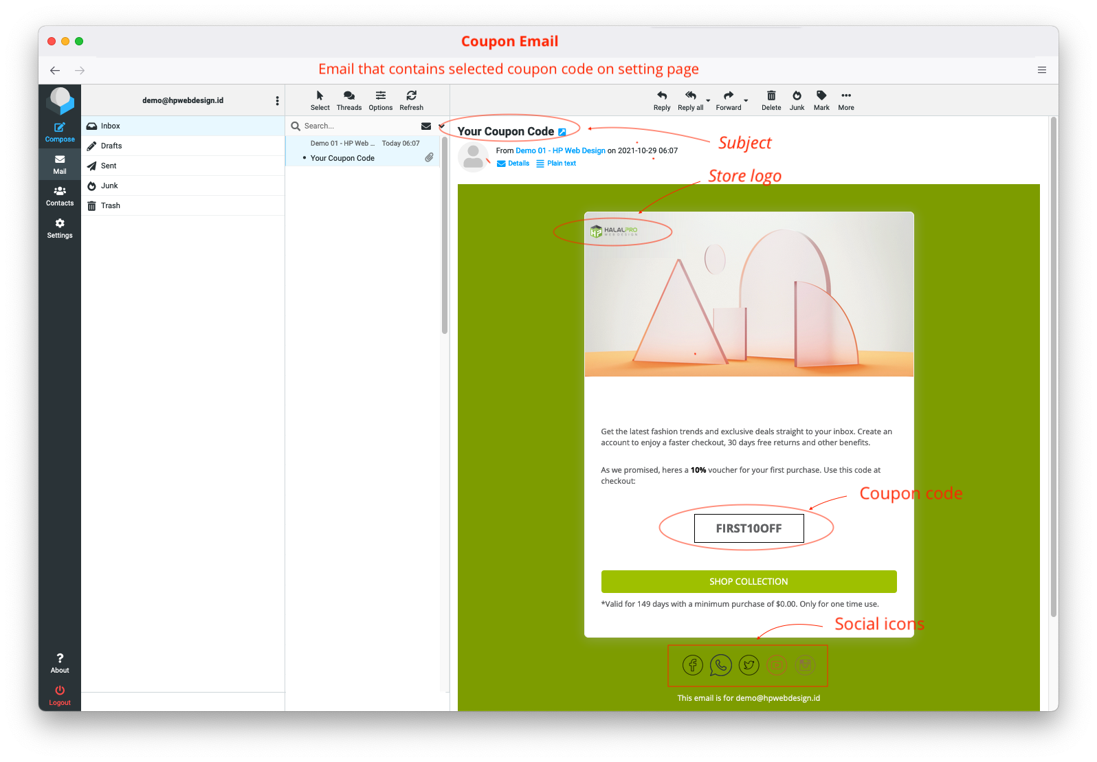 email that contains coupon code opencart